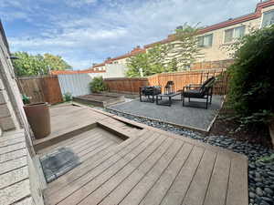 Deck with a fenced backyard, a vegetable garden, and a patio area