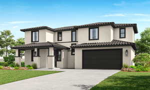 Mediterranean / spanish-style home featuring a front lawn, concrete driveway, stucco siding, a garage, and a tiled roof