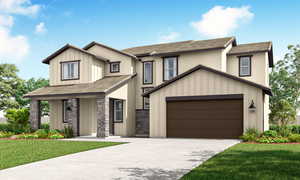 View of front of house with a front yard, concrete driveway, a tile roof, board and batten siding, and a garage