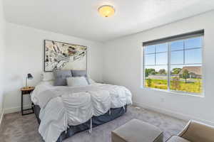 Carpeted bedroom with baseboards and a textured ceiling