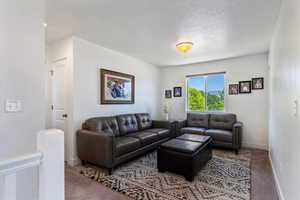 Living area featuring carpet floors and a textured ceiling