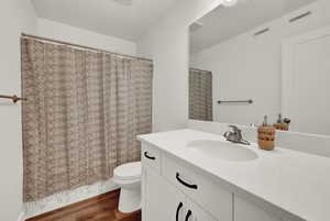 Bathroom featuring vanity, dark wood-style flooring, and a shower with shower curtain