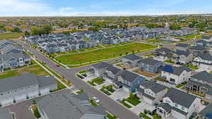 Aerial view of residential area with a mountain backdrop