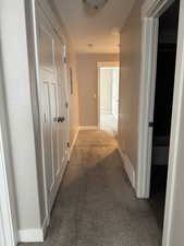 Hall featuring carpet floors and baseboards