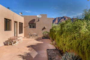 View of patio with a mountain view
