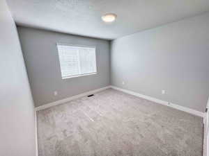 Spare room with light carpet and a textured ceiling