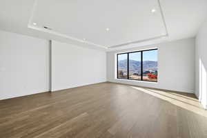 Empty room featuring a tray ceiling, wood finished floors, a mountain view, and recessed lighting