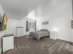 Bedroom featuring dark colored carpet