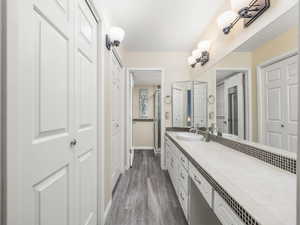 Full bathroom with a closet, vanity, and dark wood-style flooring