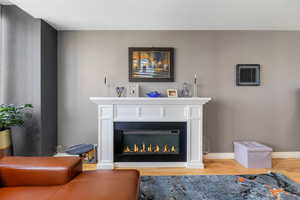 Living room with a glass covered fireplace and light hard wood laminate floors