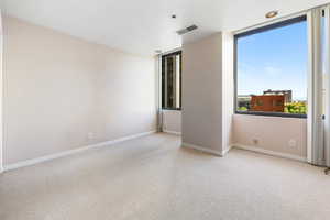 Unfurnished room with light carpet and baseboards