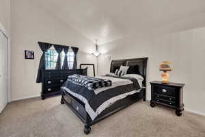 Bedroom with carpet floors and high vaulted ceiling