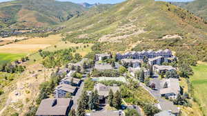 Aerial overview of property's location with a mountainous background and nearby suburban area