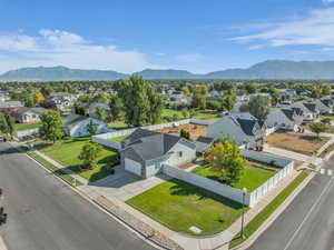 Aerial perspective of suburban area with mountains