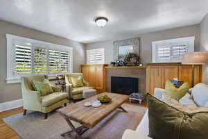 Living area featuring a tile fireplace, healthy amount of natural light, and wood finished floors