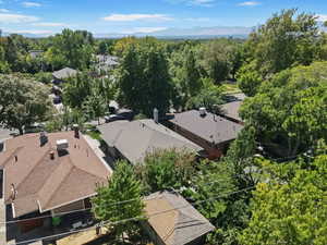 Aerial view of residential area with a mountainous background and a forest
