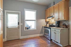 Kitchen with light countertops, stainless steel electric range, backsplash, dark wood-style flooring, and under cabinet range hood