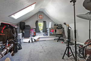 Workout area featuring a textured ceiling, a skylight, carpet flooring, and lofted ceiling