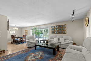 Living area with wood finished floors, a chandelier, a textured ceiling, and rail lighting