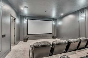Carpeted cinema featuring a textured ceiling and baseboards