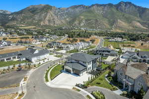 Aerial view of residential area with a mountain backdrop