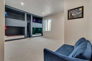 Carpeted living room with built in shelves and recessed lighting