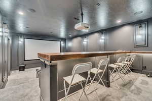 Home theater with light colored carpet and a textured ceiling