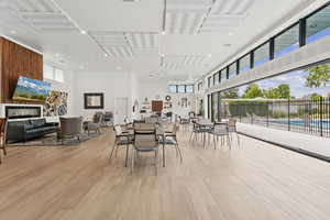 The community building has a recreation room equipped with a kitchen, fireplace, TV and plenty of seating and tables.