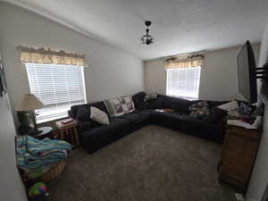 Carpeted living room with vaulted ceiling