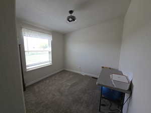 Unfurnished office featuring dark carpet and a textured ceiling