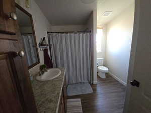 Full bath featuring dark wood finished floors, vanity, and curtained shower