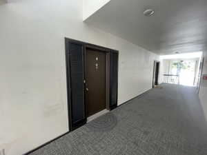 Corridor featuring carpet flooring