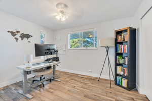 Office featuring light wood-style flooring and a ceiling fan