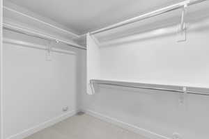 Walk in closet with light colored carpet
