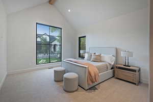 Bedroom featuring beamed ceiling, light carpet, and high vaulted ceiling