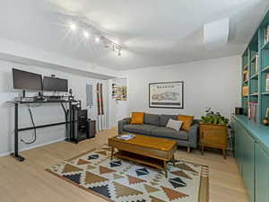 Living room featuring light wood-style floors and track lighting