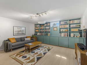 Living room featuring light wood finished floors and track lighting