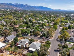 Aerial view of residential area with a mountain backdrop