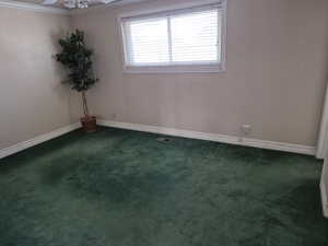 Empty room featuring crown molding, dark colored carpet, and a ceiling fan