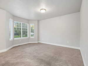 Spare room with light colored carpet and a textured ceiling