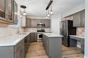 Kitchen with gray cabinetry, stainless steel appliances, and backsplash