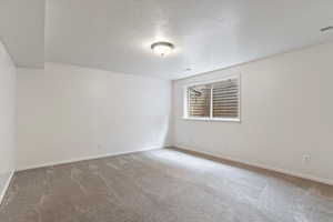 Unfurnished room featuring a textured ceiling and carpet floors