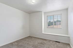 Carpeted spare room featuring baseboards and a textured ceiling