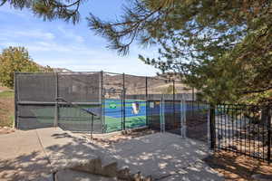 View of tennis court with a gate