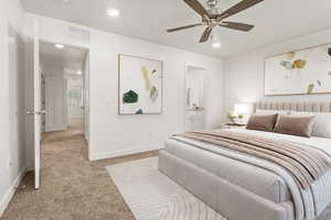 Carpeted bedroom featuring connected bathroom, ceiling fan, and recessed lighting
