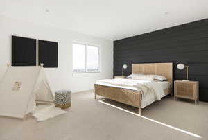 Bedroom with carpet and wooden walls
