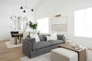 Living area with light wood-style flooring and high vaulted ceiling