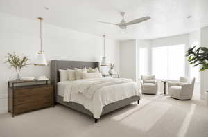 Bedroom with carpet floors, ceiling fan, and a textured ceiling