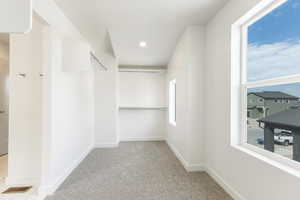 Walk in closet with light colored carpet