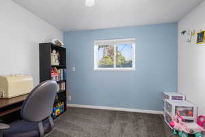 Office featuring carpet and a textured ceiling
